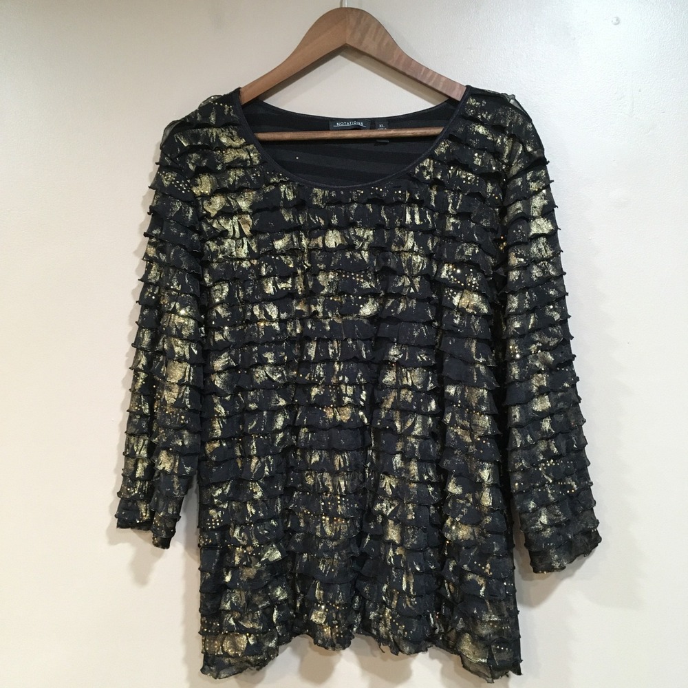 Notations Ruffle Sequin Blouse Womens XL Black Gold Metallic Party Glam Holiday